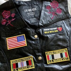 Live Ride Rock Women's L Buffalo Leather Motorcycle Vest Patch U.S Veteran Black